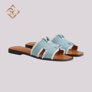 Hermes Oran Sandal - Bleu Clair Fringed Denim