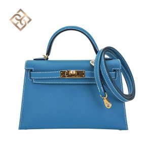 Hermes Mini Kelly 20 Bag Sellier New Blue Jean Epsom Leather with Gold Hardware