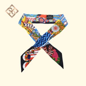 Hermès Silk De l'Ombrelle Aux Duels Twilly Black Bleu Jaune Vif